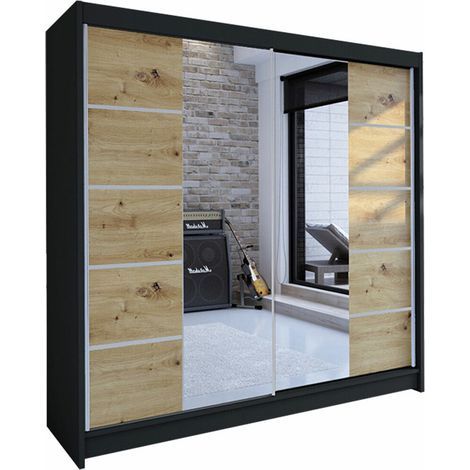 Armoire Closico Cavaris V, Noir + Chêne Artisan, 215x180x58cm, Portes d'armoire: Coulissantes, Nombre d'étagères: 5