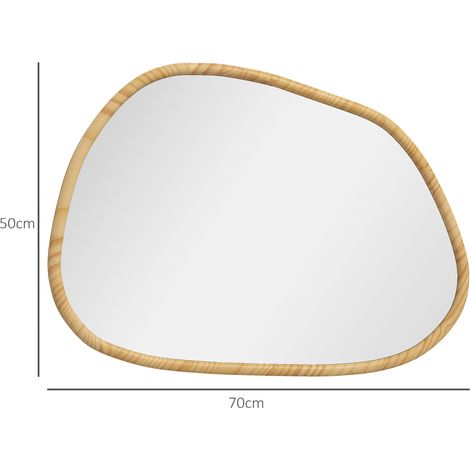 Miroir de décoration murale en bois massif 70x50cm, forme asymétrique, protection anti-rouille, idéal pour WC, entrée, chambre à coucher et salle d'eau, teinte naturelle (1/5)
