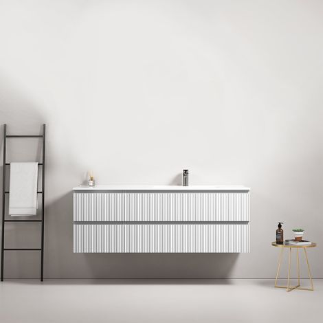 Mobile bagno sospeso cannettato 140 cm Bianco Lavabo a Destra in Resina Senza Specchio - Fiji Paint (1/4)