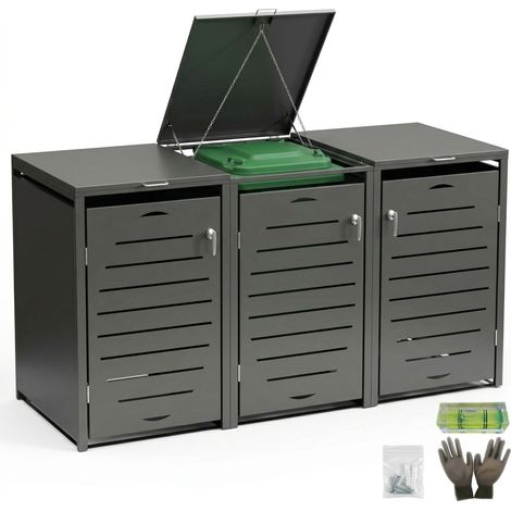 Caseta para contenedores de basura, revestimiento para 3 contenedores de aluminio, caseta para contenedores de basura, contenedor de residuos, caseta de jardín, robusta y duradera, caseta para contene