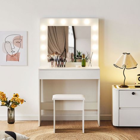 Dressing Table White with Hollywood LED Lights, 3-Color Lighting Modes, Vanity Makeup Desk with 1 Large Storage Drawer and Stool, Women Girl Vanity Table Bedroom Furniture (1/5)