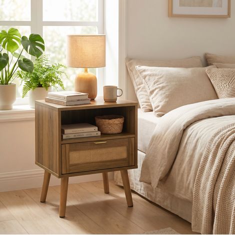 Comodino in rattan effetto noce con cassetto e ripiano aperto, 45 x 40 x 55 cm HAVRYA (1/5)