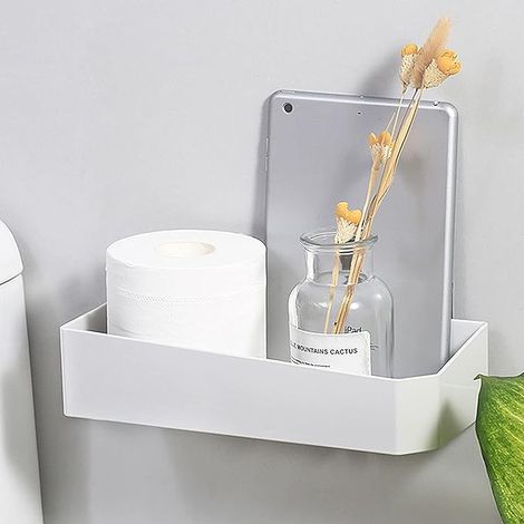 Etagere Douche Étagère De Douche en Verre Trempé Rectangulaire Organiseur Douche Rangement sans Clous, sans Dégâts, Panier pour Accessoires Cuisine Salle De Bains, Blanc (1/5)