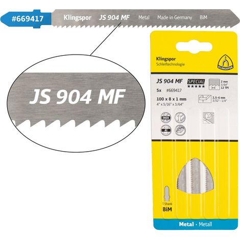 Klingspor JS 904 MF Stichsägeblätter, 100 x 8 x 1 mm Nutzlänge 75Bi-Metall, gefräst, gewellt , 12 Zähne pro Zoll, SB-verpackt im Karton