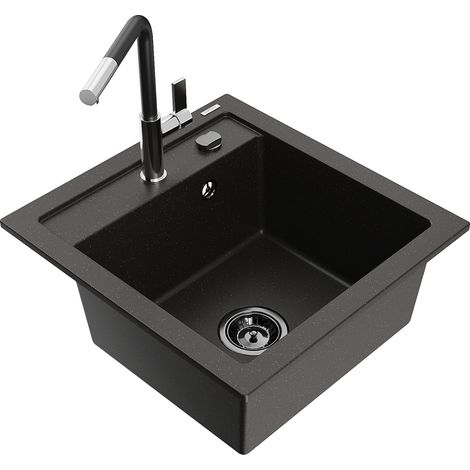Mexen Vito évier en granit 1 bac avec robinet de cuisine Flora, noir/or métallique - 6503-75-670401-07-B (1/5)