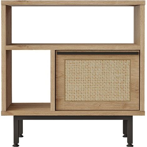 Mobiletto soggiorno 60x26x60cm legno 2 scaffali anta effetto rattan Opoli