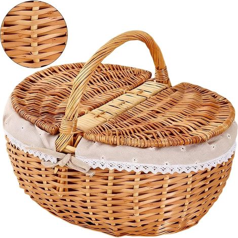 Panier de pique-nique en osier naturel avec poignée de transport, panier à provisions pratique, idéal pour les pique-niques et le camping en plein air. (1/5)