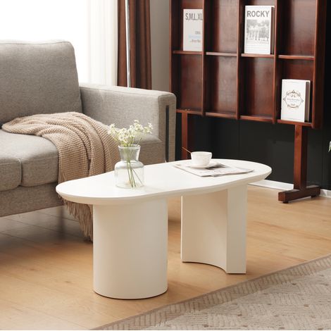 Mesa de centro blanca irregular (100x40-50x40.5 cm), de MDF, acabado lacado suave, diseño moderno (1/5)