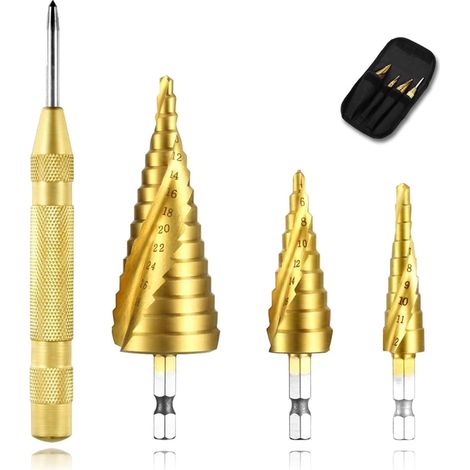 Foret à gradins - Acier rapide HSS revêtement titane - Pour tôle fine bois plastique panneaux composites - 4 pièces + pointe automatique (1/5)