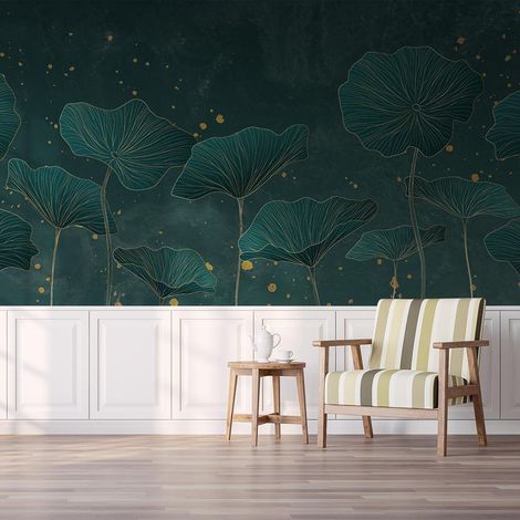 Papier peint lotus et feuillage vert profond touches dorées papier peint