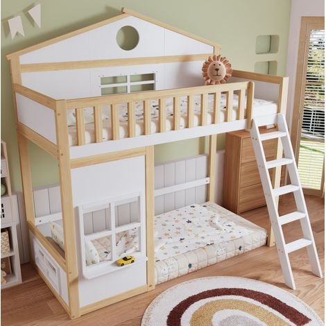 Etagenbett 90x200 cm Mit Gestell Aus Massivholz Und Mdf, Dach Und Fenstern (1/5)