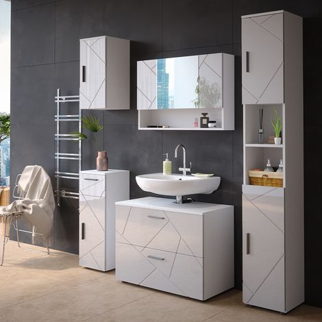 Set mobili bagno Irma, Bianco lucido, 5 parti, Vicco