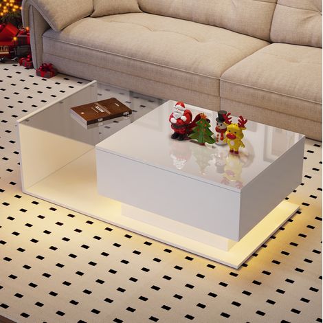 Table basse 100x50x32 cm blanche – avec LED, plateau en verre et tiroir (1/5)
