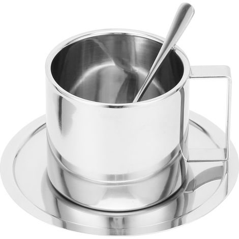 Tasse à café en acier inoxydable à double paroi isolante, mug à lait avec cuillère et soucoupe, usage domestique (argenté, 280 ml) (1/5)