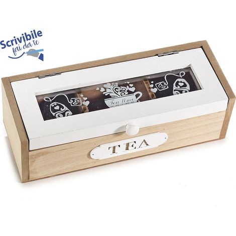 Scatole del tè / spezie in legno a 3 scomparti con coperchio a vetro decorato, set da 2 pezzi, cm 24 x 10 x 7,5 H