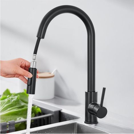 Robinet Cuisine Douchette – Mitigeur Rotatif 360°, 2 Modes – Col Cygne Noir, Acier Inoxydable (1/5)