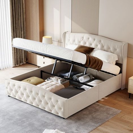 Cama litera para adultos 2 personas - Diseño Onda - 140x190 cm - Terciopelo blanco roto - Somier elevable hidráulico (1/5)
