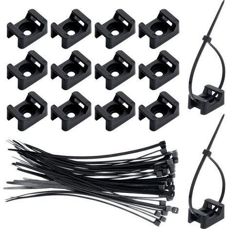 Lot de 100 supports de serre-câbles (noirs) avec 100 serre-câbles en nylon noir. (1/5)
