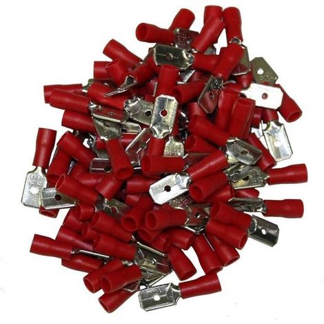Terminales eléctricos planos macho de crimpado aislados de 6,3 mm de color rojo – Paquete de 100 terminales – Conexiones eléctricas fiables y seguras