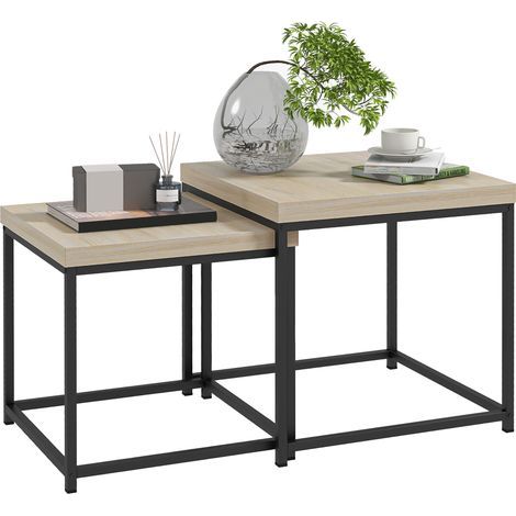 Lot de 2 tables gigognes tables basses carrées tables de salon cadre en acier et plateaux en panneaux de particules (1/5)