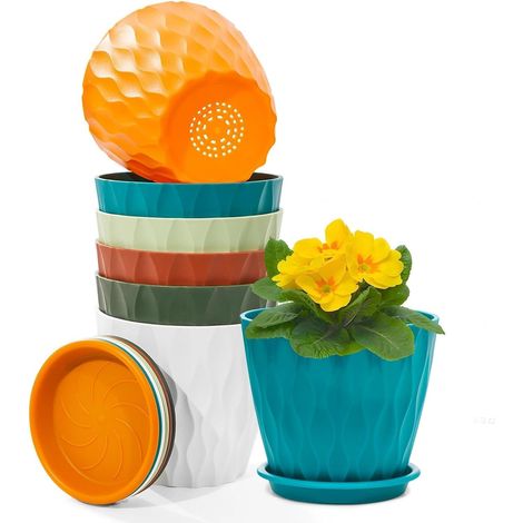 Pot de Fleur Plastique 12,5 cm - Lot de 6 - Avec Soucoupe - Trous de Drainage - Intérieur Extérieur - Blanc (1/5)