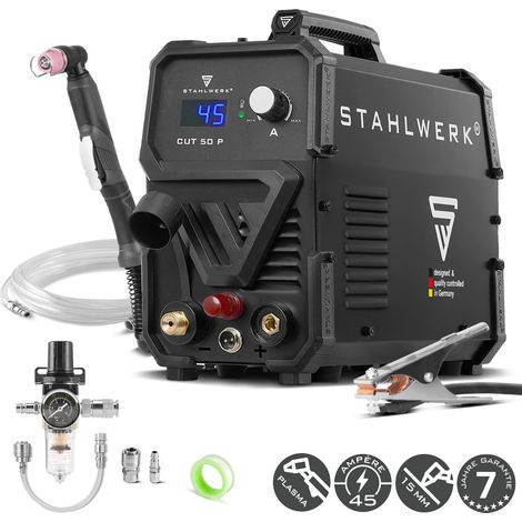 STAHLWERK Plasmaschneider CUT 50 P – Plasmaschneidgerät mit 15 bis 45 A, Schneidleistung bis 15 mm, Plasma Cutter mit HF-Pilotzündung, Smart-Kühlung, einfache Bedienung mit viel Zubehör
