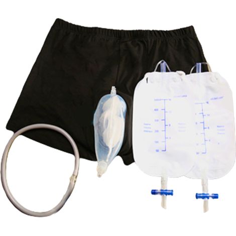 Wiederverwendbarer Männer-Urinalbeutel mit Silikon-Urintrichter, Katheterhalter-Shorts/Unterwäsche, Schwarz/Transparent, Größe L