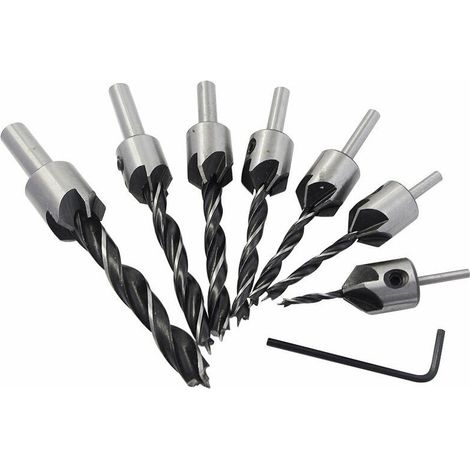 7pcs Fraise Bois Mèche à Bois 5 Flte Foret Conique Set en HSS Acier à Haute Vitesse à Bois Aésoir Chanfreinage Outil 3 4 5 6 7 8 10mm Avec Clé Hexagonale (1/4)