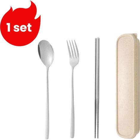 Ensemble de couverts portables 3 pièces en acier inoxydable avec fourchette cuillère et baguettes pour repas en extérieur couleur argentée (1/4)