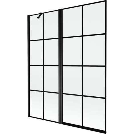 Mexen Mist Badewannen-Abtrennung 2-flügelig links 140 x 150 cm, schwarzes Gitter, schwarz - 8A9-140-011-70-77-L