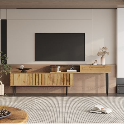 Mobile TV in MDF effetto legno naturale e marmo con gambe in ferro, bordi PVC, ripiani contenitore (1/5)