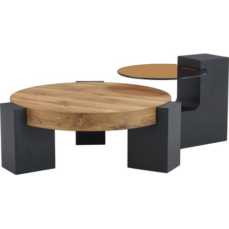 Mesa de centro redonda de dos niveles en vidrio marrón transparente y MDF negro (1/5)