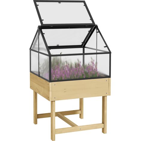 Mini serra su gambe, dimensioni 60L x 57W x 103H cm, tetto a doppia cerniera, pannelli in policarbonato, acciaio, legno di abete trattato
