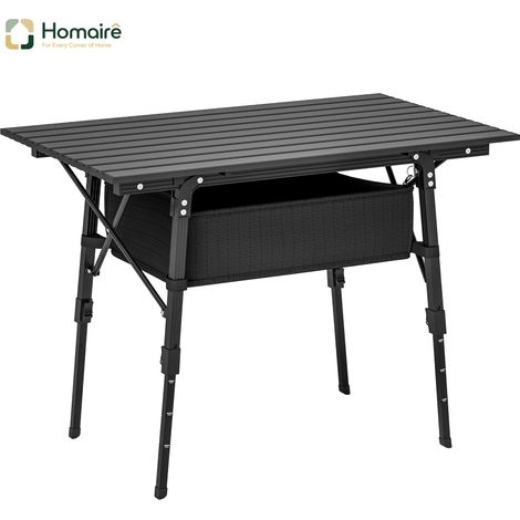 HOMAIRE Campingtisch Klappbarer Picknicktisch Aluminium Schwarz mit Aufbewahrungskorb Tragetasche Höhenverstellbar für Gartenpartys Camping Grillen