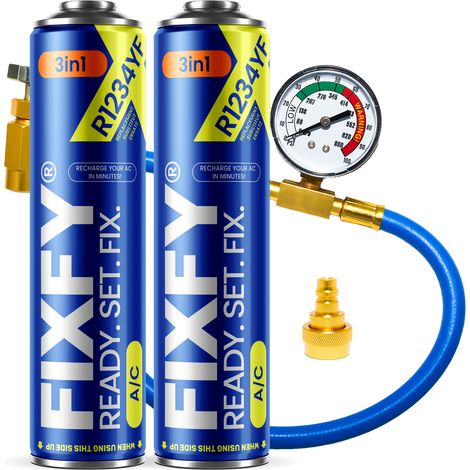 Kit de recharge climatisation 3 en 1 500 ml – 2 bidons R1234YF + tuyau avec manomètre – Remplissage facile pour voitures après 2017 (1/5)