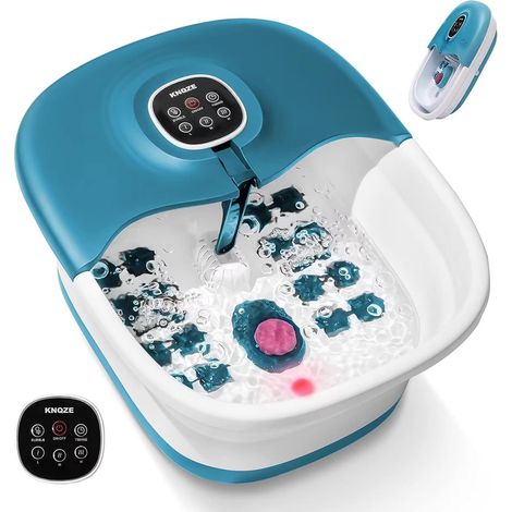 Bain de Pied Massant Chauffant, Pliable Spa Pieds Bain Massage avec Télécommande, Minuterie, Vibration, Pierre Ponce, Balneotherapie Pieds avec 16 Rouleaux de Massage, Bleu (1/5)