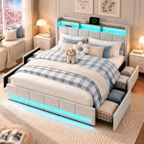 Lit double 160x200cm avec sommier, lit coffre avec 4 tiroirs de rangement, Tête et pied de lit avec LED, tête de lit avec rebord anti-chute, 2 USB et 1 Type-C, pour chambre adulte, lin beige