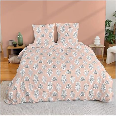 Parure de lit - Bohème - 220x240 cm - Microfibre - 2 Taies d'oreiller - Rose avec motifs attrapes-rêves (1/5)