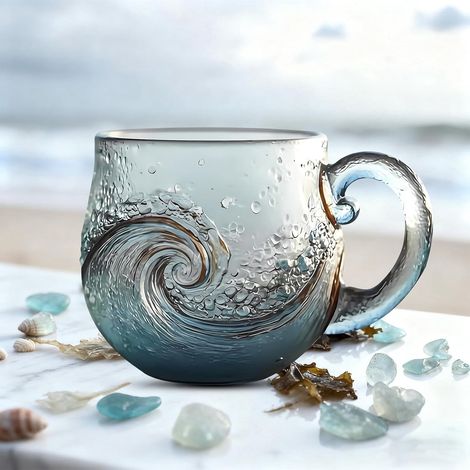 Mug En Verre - 350 Ml - Design Vague Texturé - Pour Café Thé Vin - Artisanal - 1 Pièce (1/5)