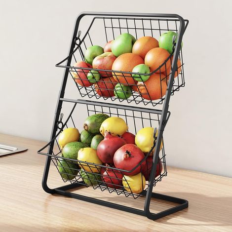 Panier de rangement à double couche étagère de verticale à fruits empilable de style rétro 28x15x37cm Métal (1/5)