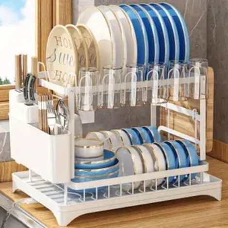 2 Schicht Geschirr Abtropfgestell,Küche Geschirr Ablauf Rack,Geschirrschale Drainer Storage Rack, Küchenorganisator,42x29x29 cm,Weiß (1/5)