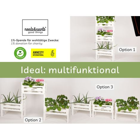 needs&wants® 3-fach multifunktional: Pflanzenständer Blumenständer aus Holz wetterfest für Indoor Outdoor Balkon Garten draußen innen Wand, Pflanzenregal Blumentreppe, z.B. 51 x 23 x 122 cm hoch, weiß