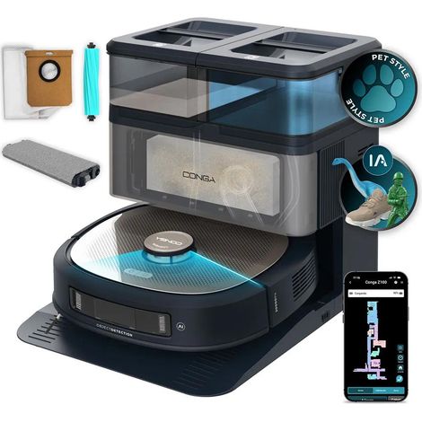 Robot aspirapolvere e lava pavimenti Cecotec Conga Z100 LaserEye AI 20 000 Pa stazione All-in Home auto-svuotamento Bluetooth 3 L inox argento