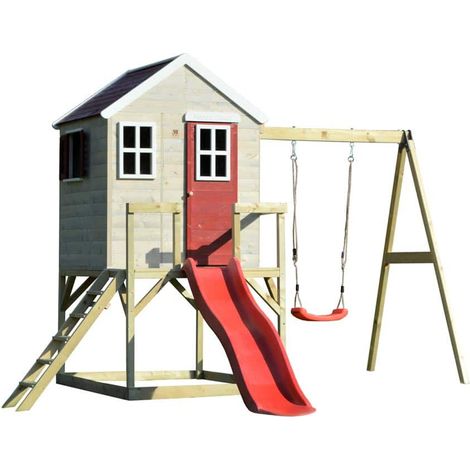 Wendi Toys Kinderspielhaus, Stelzenhaus "Elefant" mit Veranda, Schauckel und Rutsche, holz / rot (1/5)
