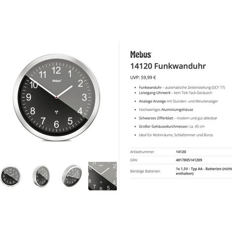 Mebus 14120 Radiocontrollato Orologio radiocontrollato 45 cm Alluminio Movimento silenzioso (senza scatti)