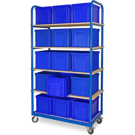 BRB Etagenwagen mit 5 Ebenen, BxTxH 1050x500x1880 mm, bestückt mit 15 Euroboxen BxTxH 400x300x280 mm, 4 Lenkrollen (blau) (1/2)