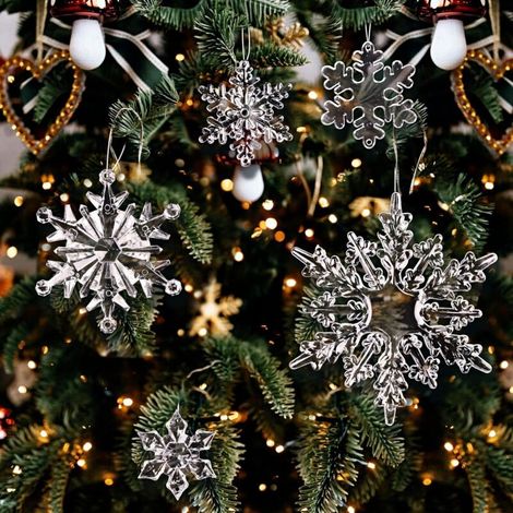 40 Pièces Flocons de Neige Transparent en Acrylique 5 Tailles Noël Pendentif Ornements Suspendu Décoration pour Arbre de Noël Accessoires Sapin de Noël