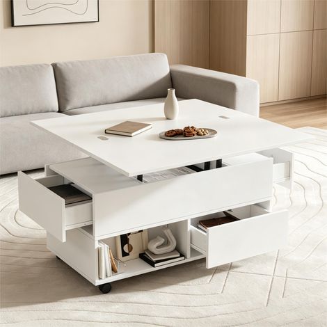 Table basse relevable blanche 3 en 1, avec 4 tiroirs, rangements ouverts et 4 roulettes (1/5)