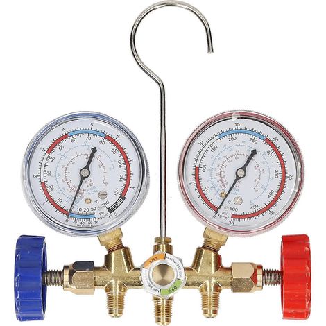 Manomètre pour fluides frigorigènes R12, R22, R404A et R134A : kit de manomètre 3 voies avec tubes collecteurs, raccords de tuyau et adaptateurs, et noyau de valve adaptateur Acme. (1/5)