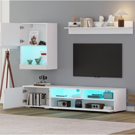 Meuble TV 175x39x34 cm en panneaux de bois blanc, avec rangement pour salon FloraGrace (1/5)